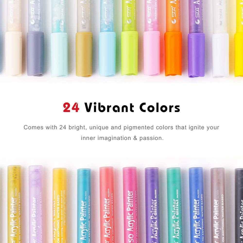 STA 1000 Acrylic Painter Marker Pens 24 Color for Glass Rock Wood Canvas