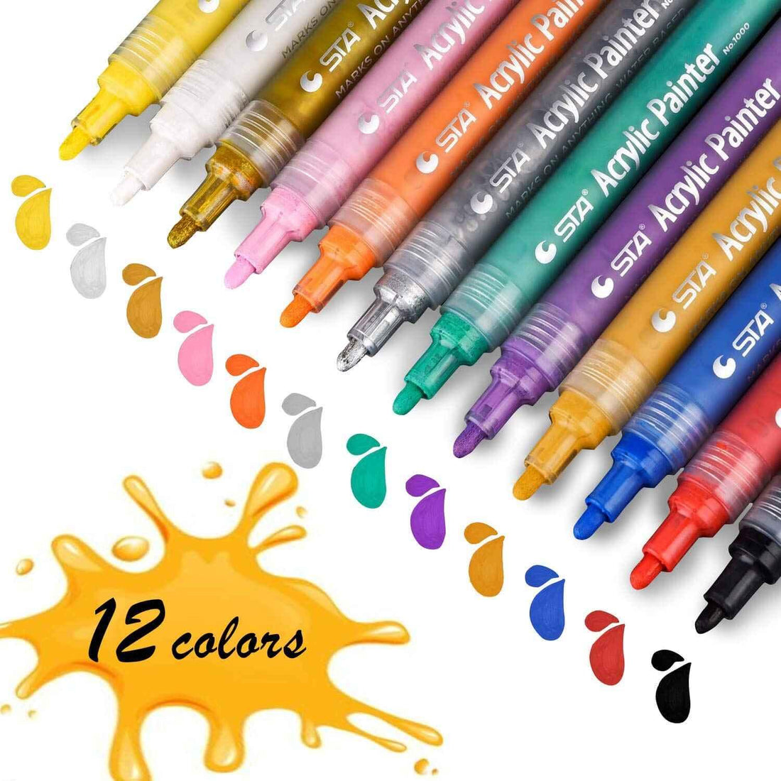 STA 1000 Acrylic Painter Marker Pens 12 Color for Glass Rock Wood Canvas