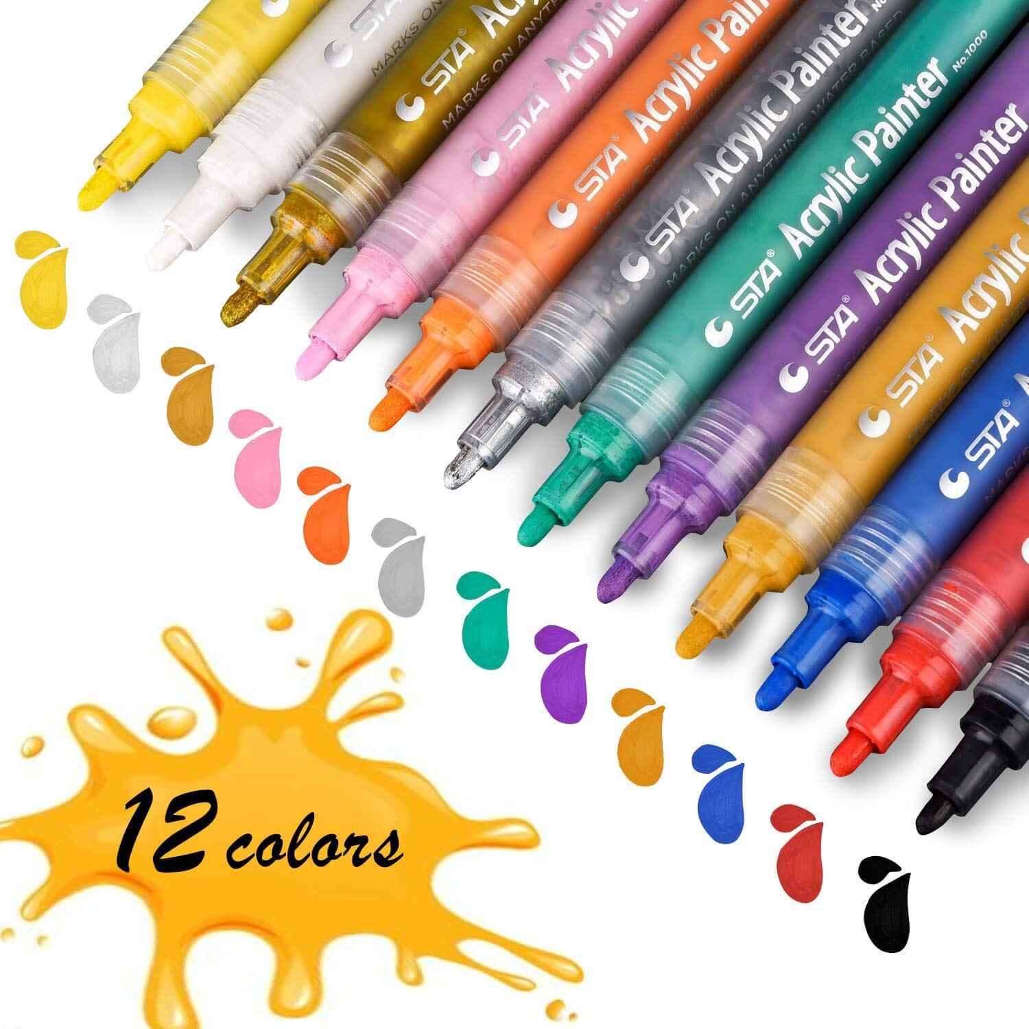 STA 1000 Acrylic Painter Marker Pens 12 Color for Glass Rock Wood Canvas
