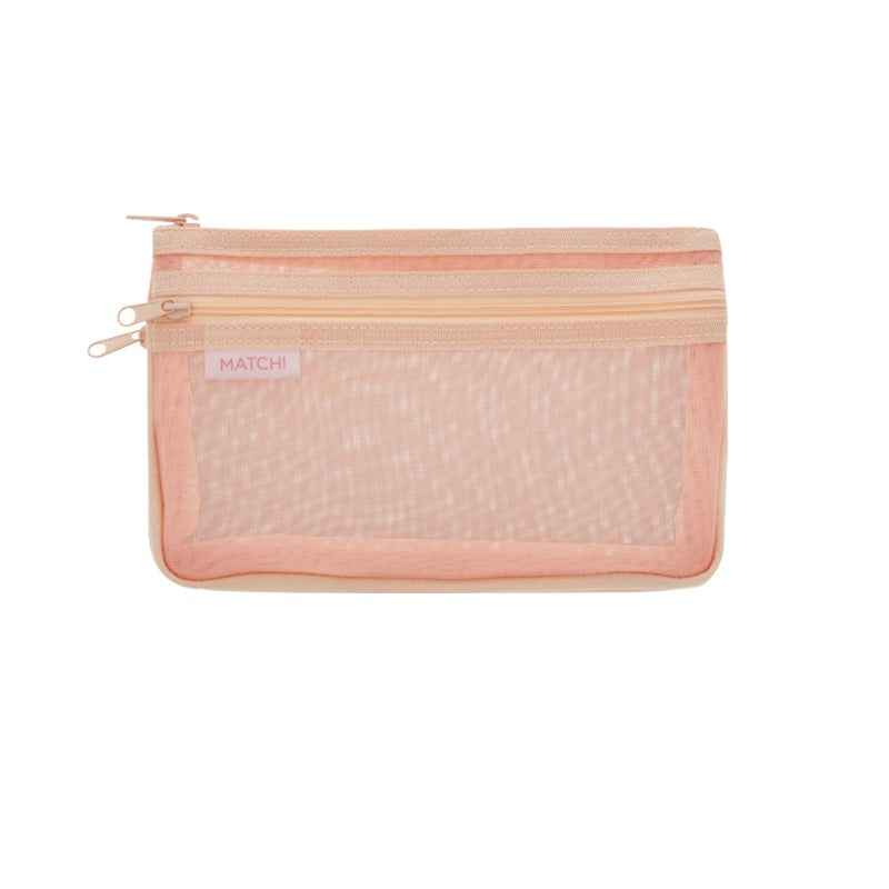 SUN-STAR MATCH 2 Pocket Mesh Pencil Case with Zipper Pink