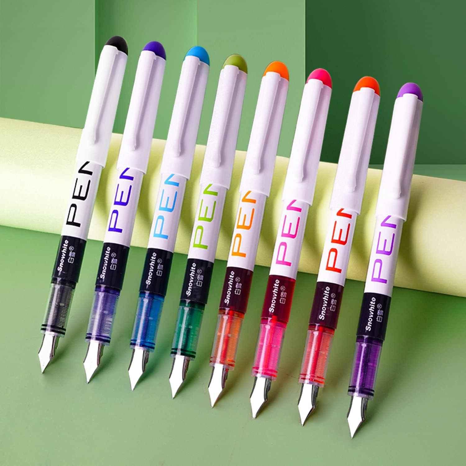 SNOWHITE 8 Colored Disposable Fountain Pens for Writing Extra Fine Nib Set