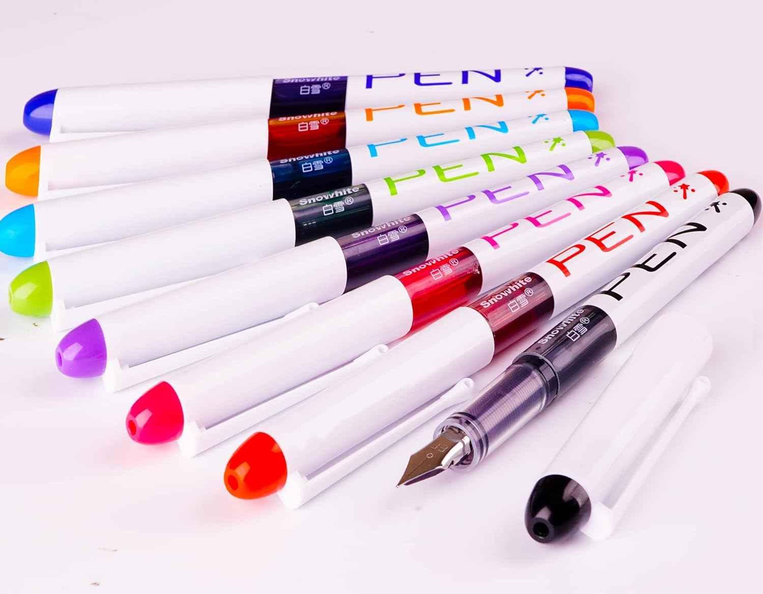 SNOWHITE 8 Colored Disposable Fountain Pens for Writing Extra Fine Nib Set