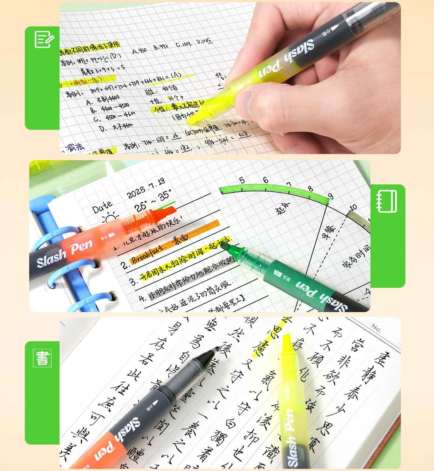 Snowhite FL-660 Slash Pen Dual-Tip Highlighter & Brush Marker 3 Pack
