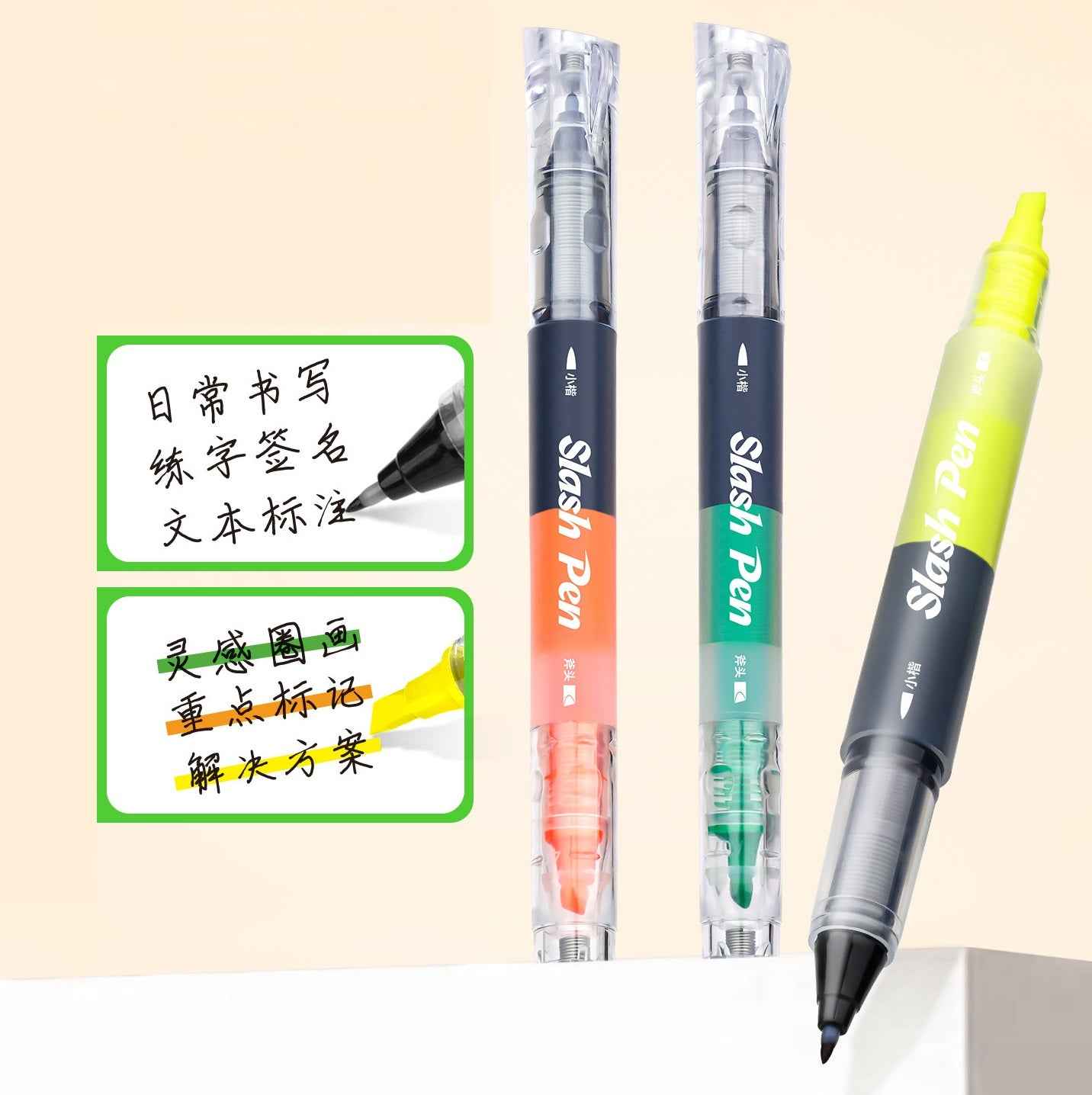 Snowhite FL-660 Slash Pen Dual-Tip Highlighter & Brush Marker 3 Pack