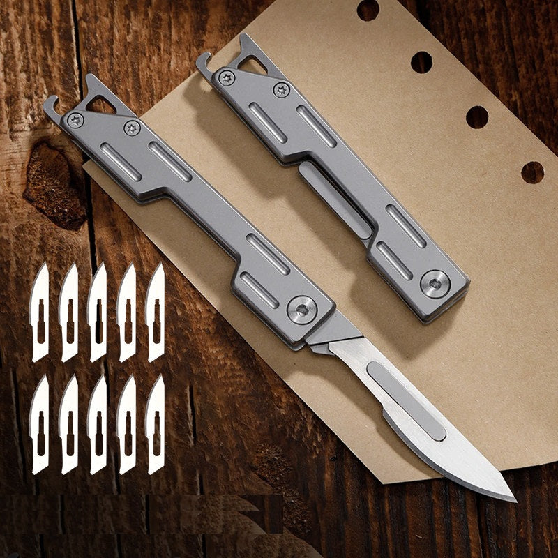 Mini Portable EDC Stainless Steel Utility Knife Folding with 10 Blades B (with Can Opener)