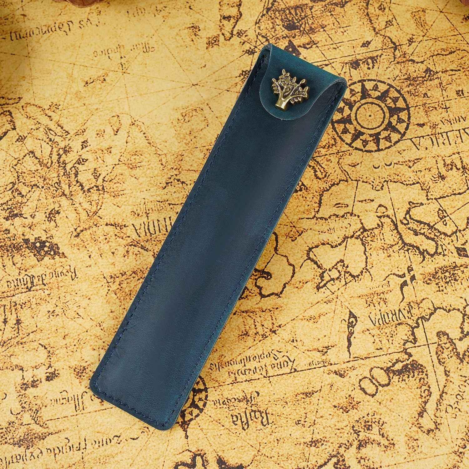 Single Leather Pen Pouch Case Bag Blue