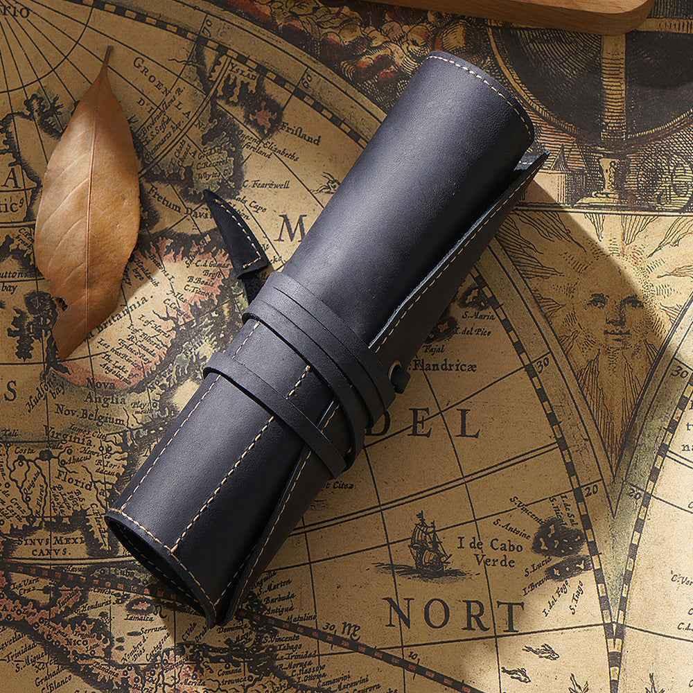 Roll-Up Leather Wrap Pen Pouch with 5 Slots Black
