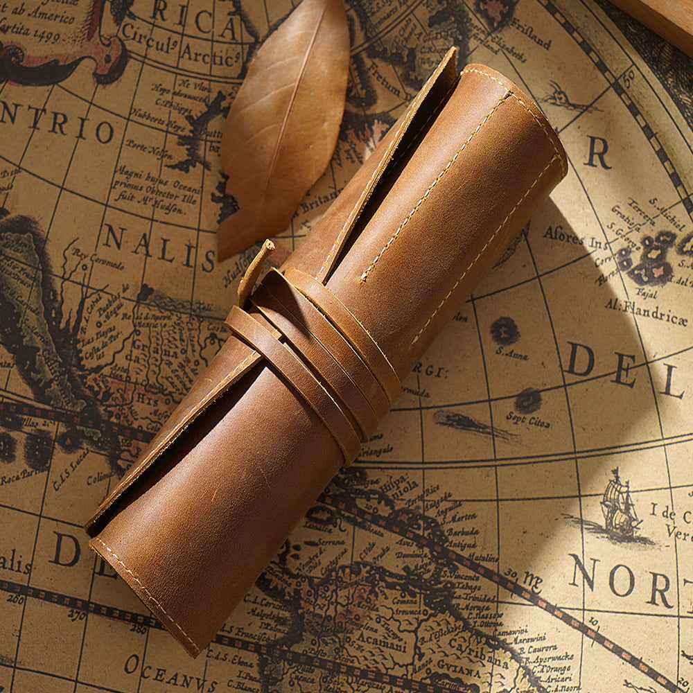 Roll-Up Leather Wrap Pen Pouch with 5 Slots Brown