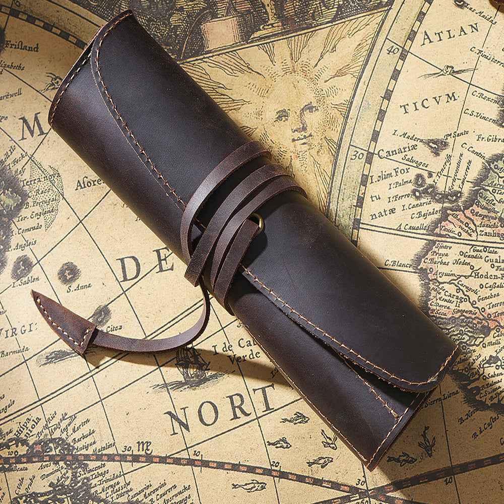 Roll-Up Leather Wrap Pen Pouch with 5 Slots Coffee