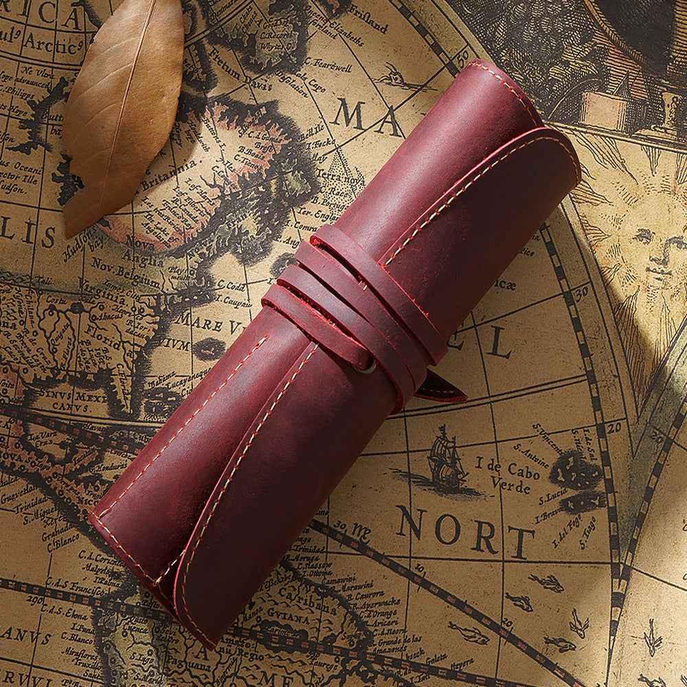 Roll-Up Leather Wrap Pen Pouch with 5 Slots Red