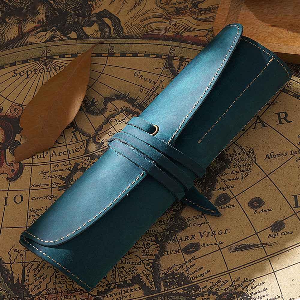 Roll-Up Leather Wrap Pen Pouch with 5 Slots Blue