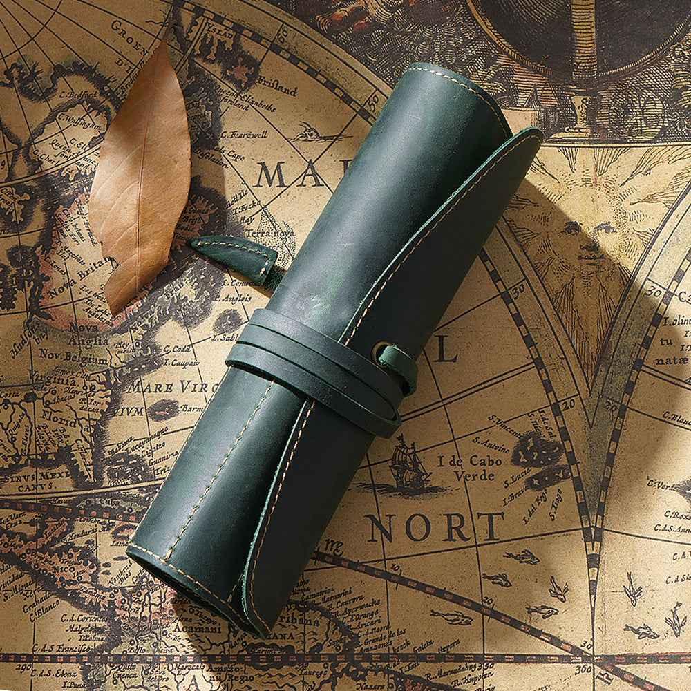 Roll-Up Leather Wrap Pen Pouch with 5 Slots Green