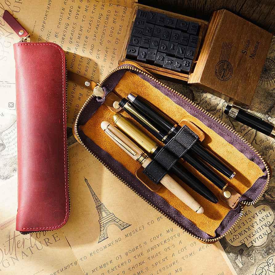 4 Divided Slots Zippered Leather Fountain Pen Case Pouch