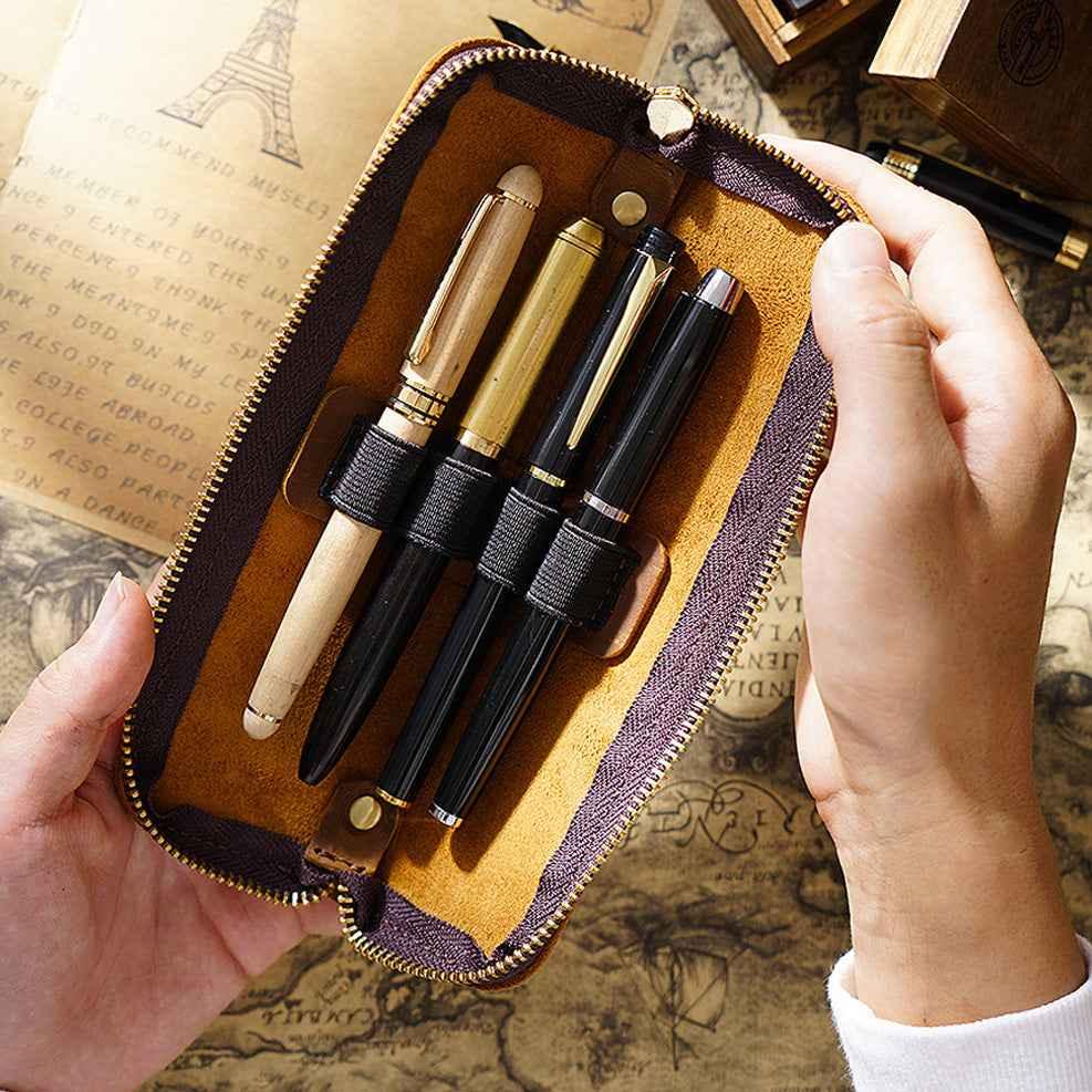 4 Divided Slots Zippered Leather Fountain Pen Case Pouch