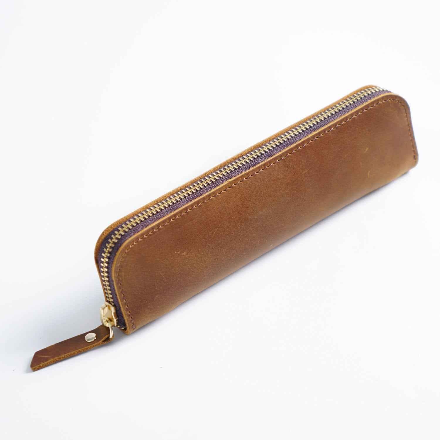 4 Divided Slots Zippered Leather Fountain Pen Case Pouch Brown