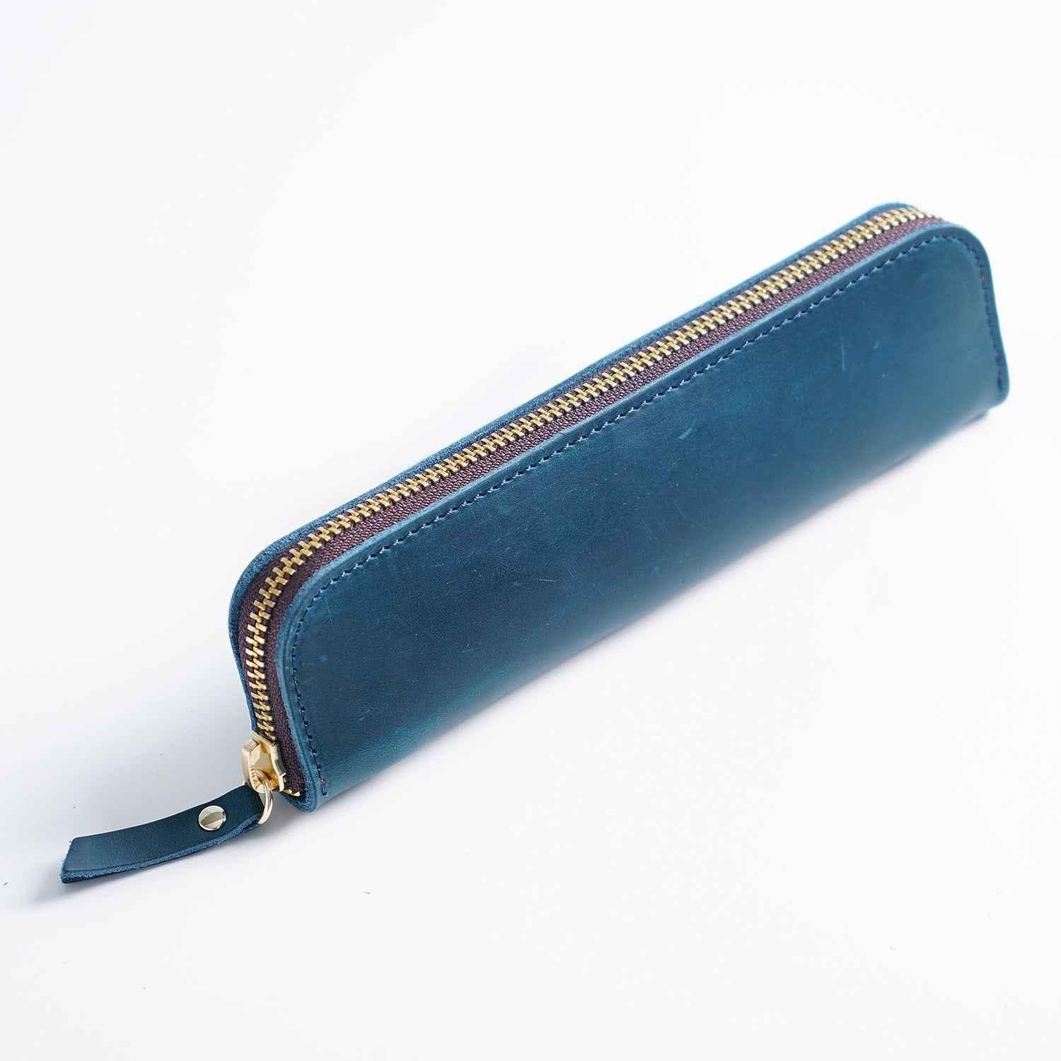 4 Divided Slots Zippered Leather Fountain Pen Case Pouch Blue