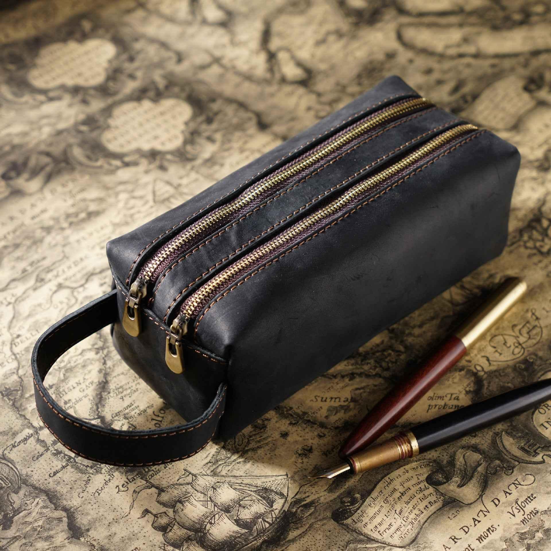 Vintage Leather Pen Pouch Big Capacity Pencil Case with 2 Compartment Black