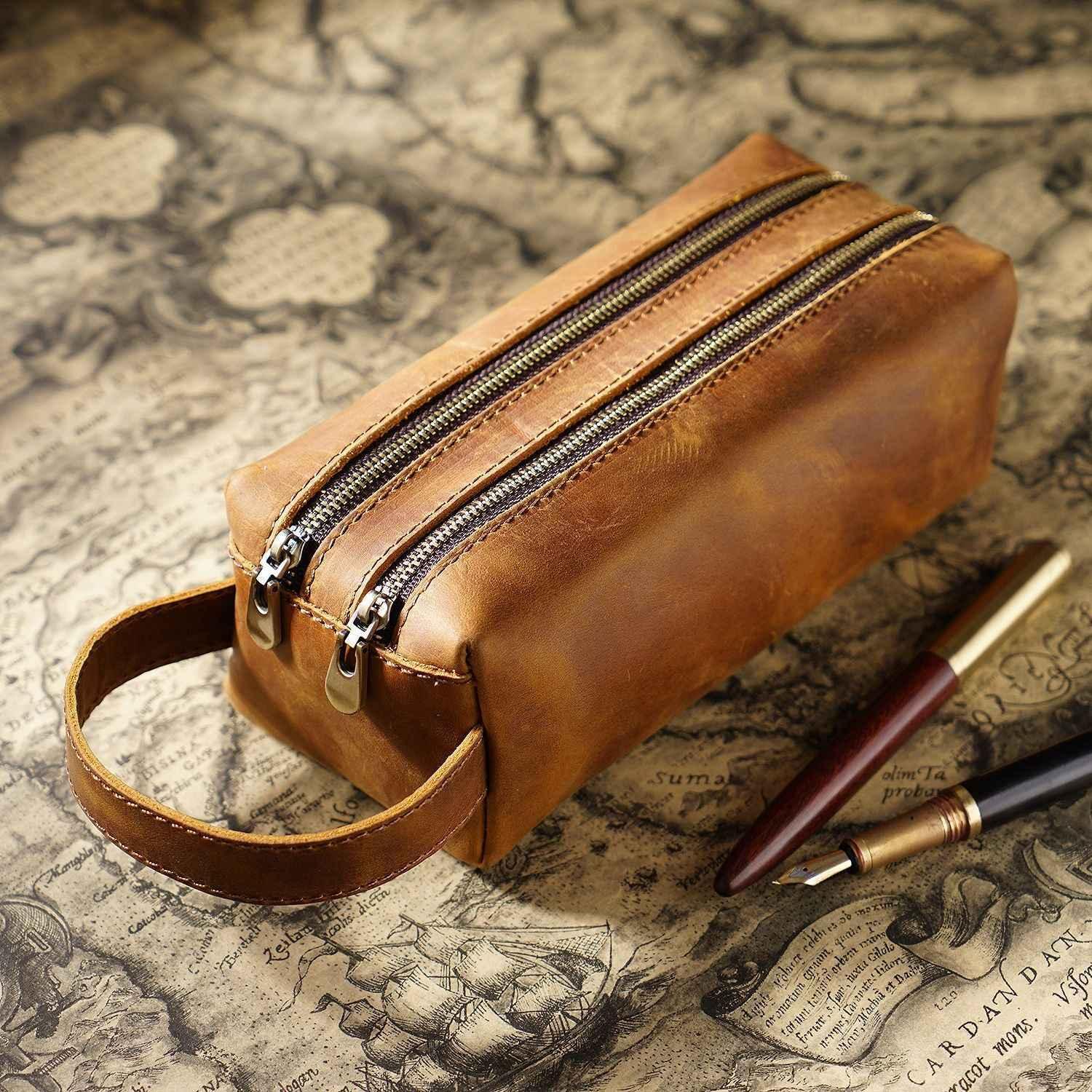 Vintage Leather Pen Pouch Big Capacity Pencil Case with 2 Compartment Brown