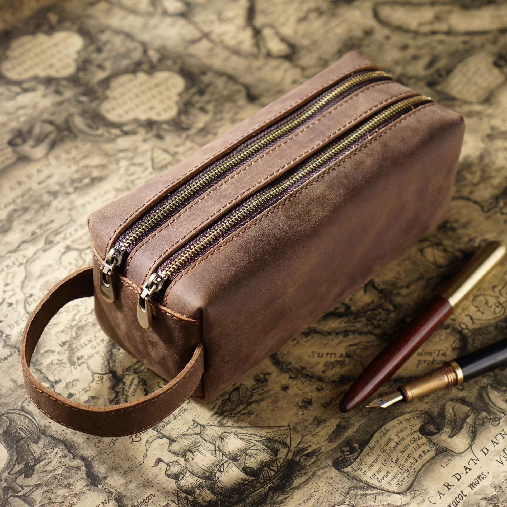 Vintage Leather Pen Pouch Big Capacity Pencil Case with 2 Compartment Coffee