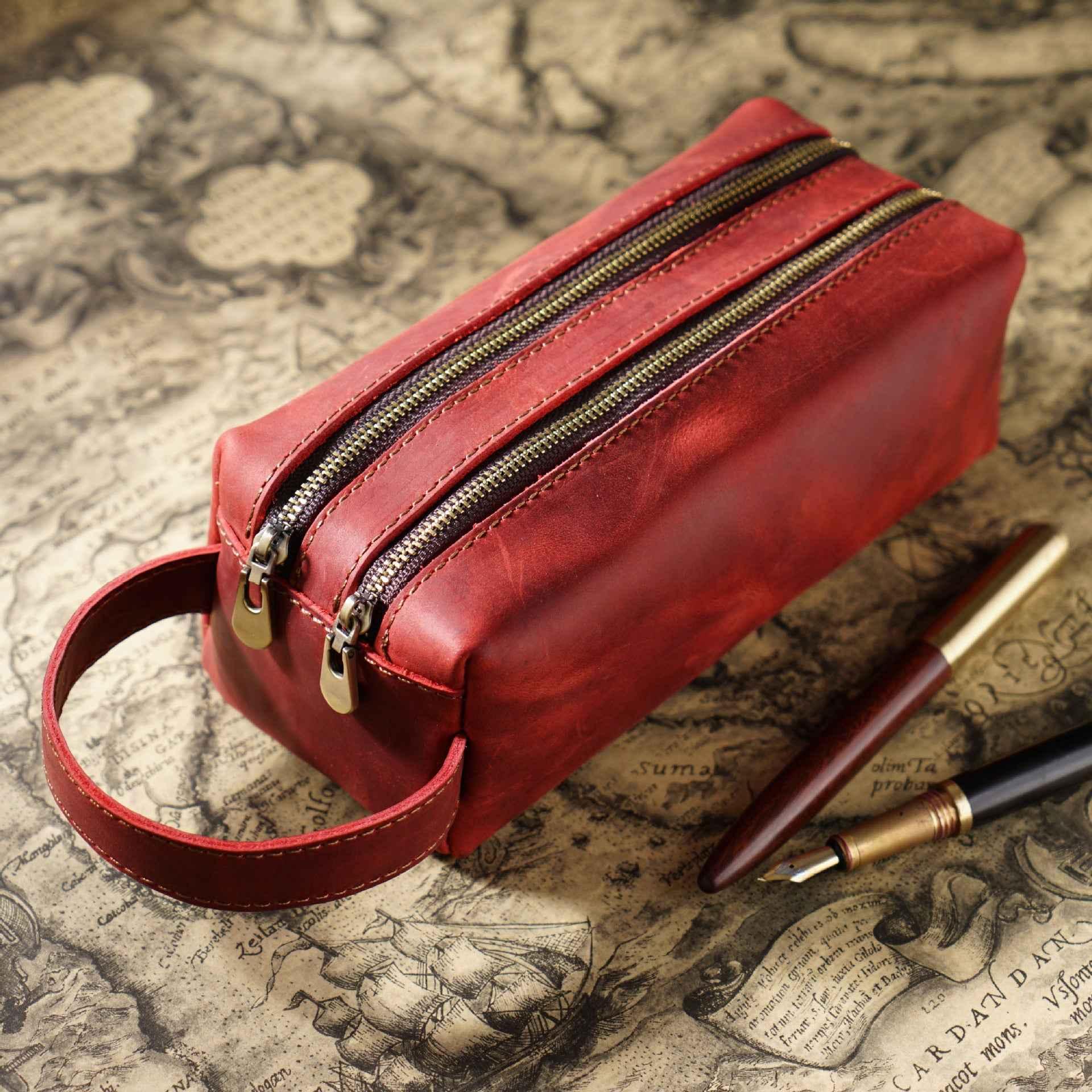 Vintage Leather Pen Pouch Big Capacity Pencil Case with 2 Compartment Red