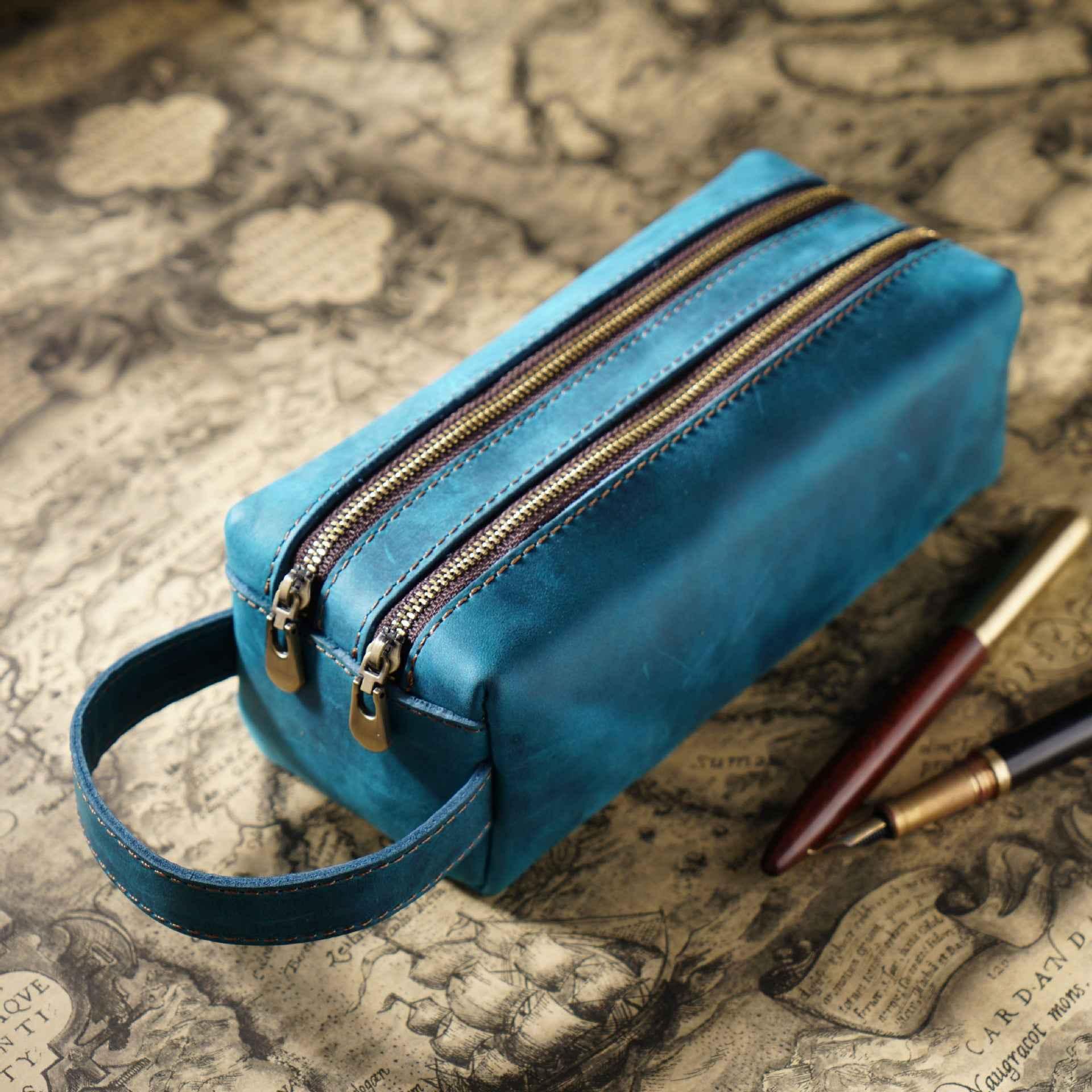 Vintage Leather Pen Pouch Big Capacity Pencil Case with 2 Compartment Blue