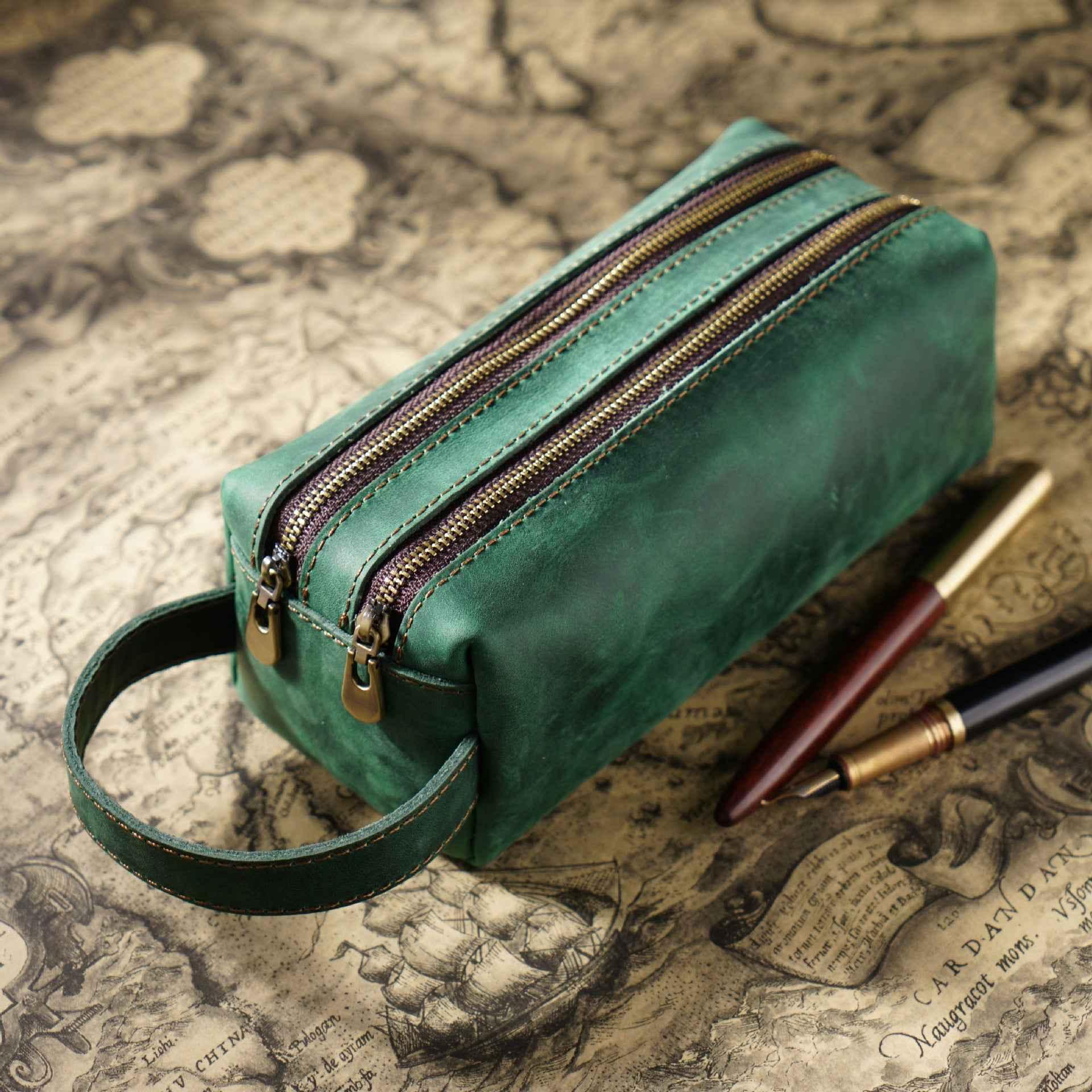 Vintage Leather Pen Pouch Big Capacity Pencil Case with 2 Compartment Green