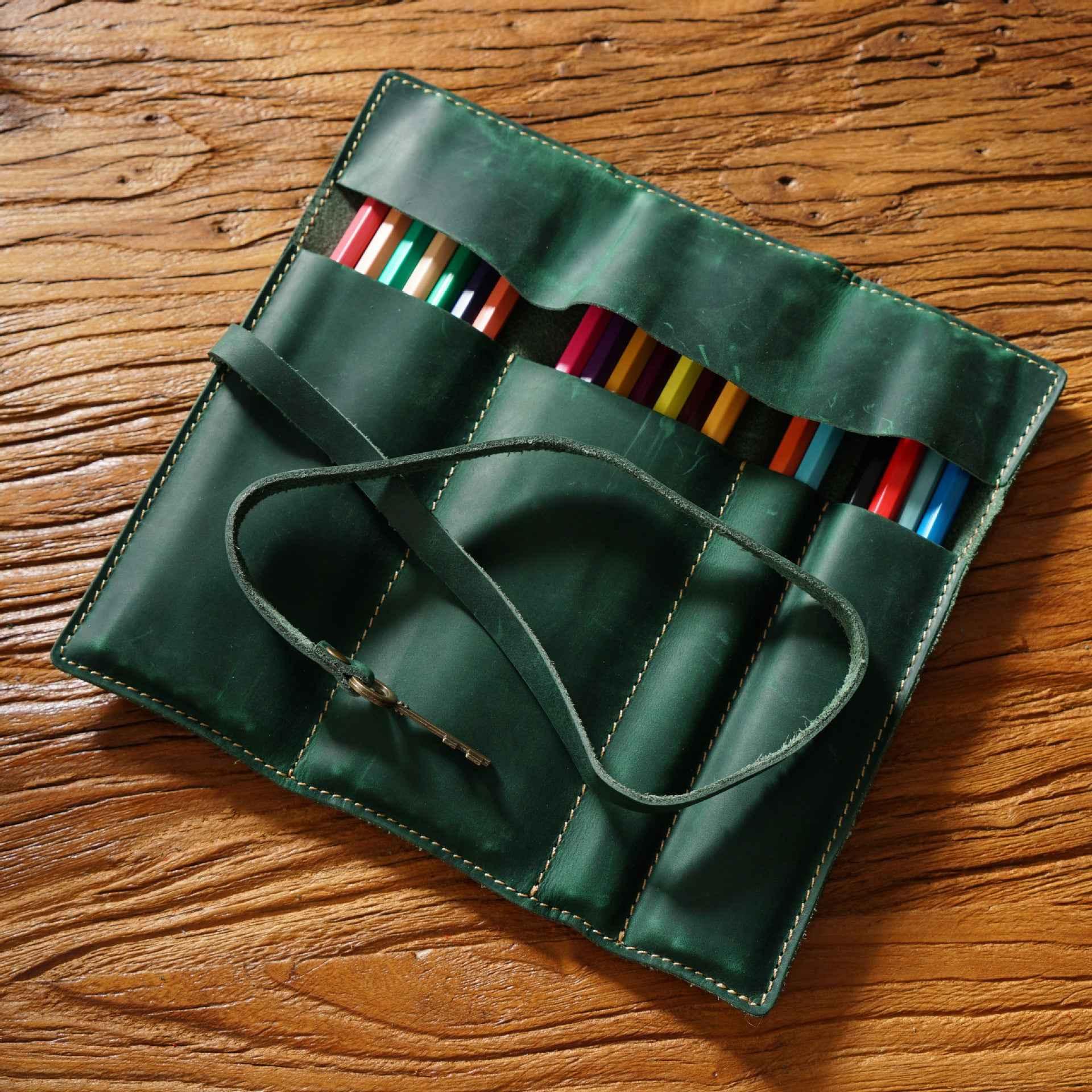 Roll-Up Leather Wrap Pen Pouch with 4 Slots