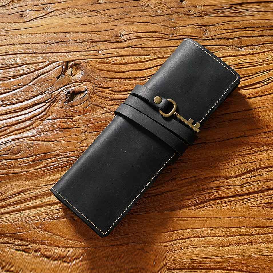 Roll-Up Leather Wrap Pen Pouch with 4 Slots Black