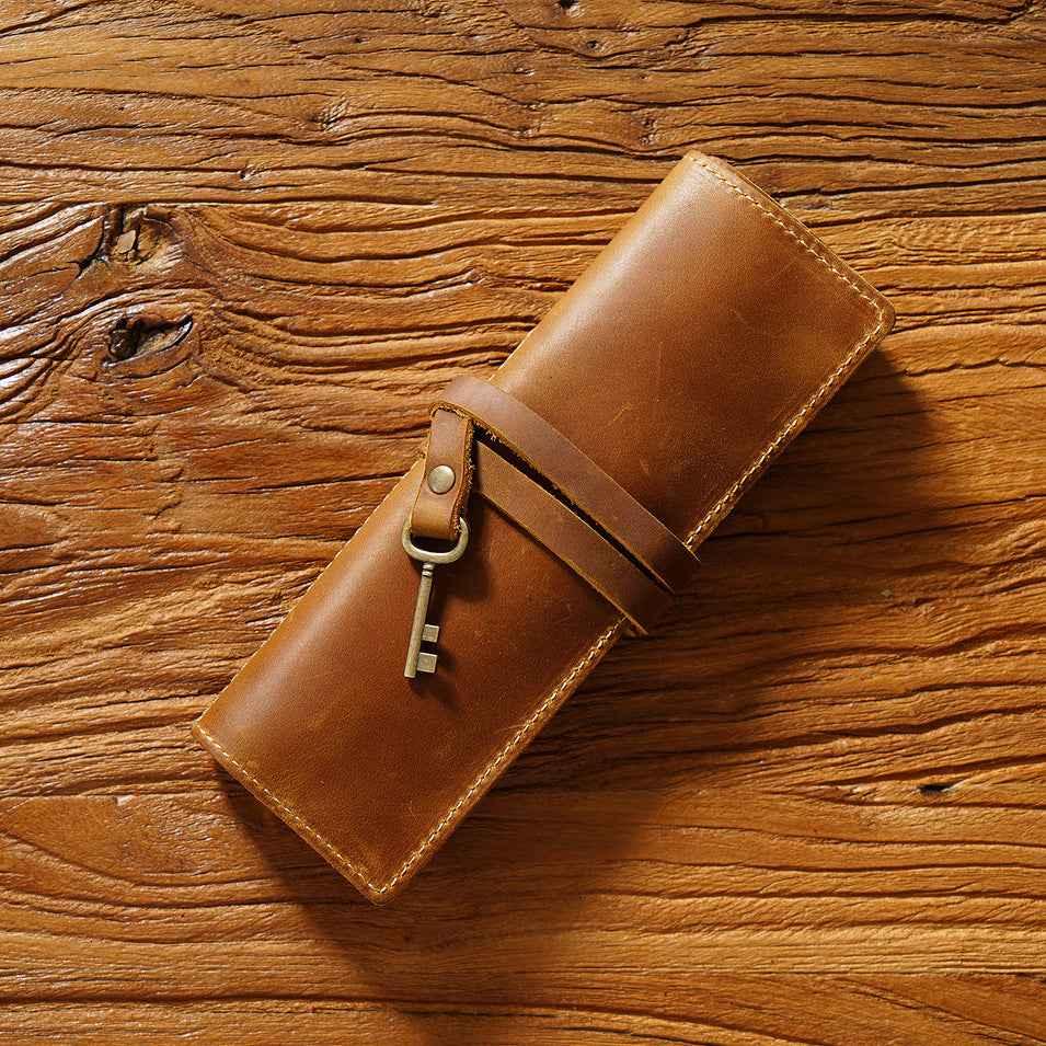 Roll-Up Leather Wrap Pen Pouch with 4 Slots Brown