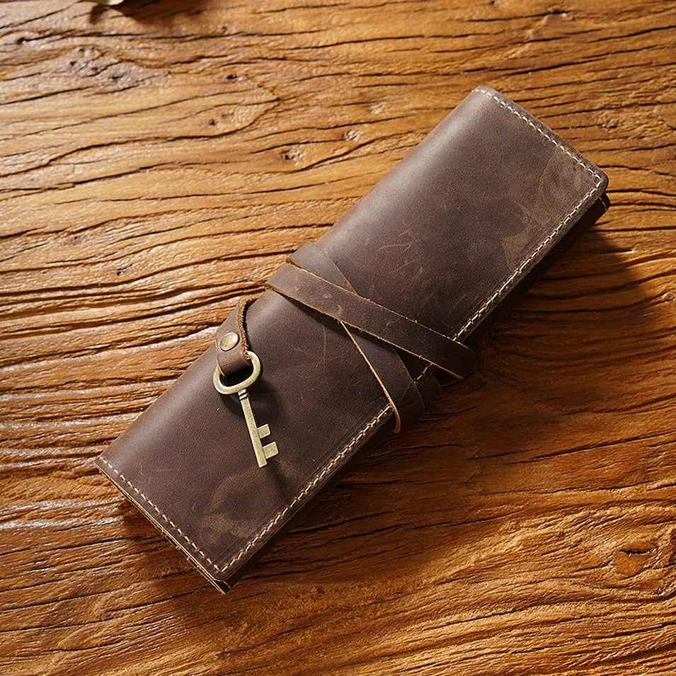 Roll-Up Leather Wrap Pen Pouch with 4 Slots Coffee