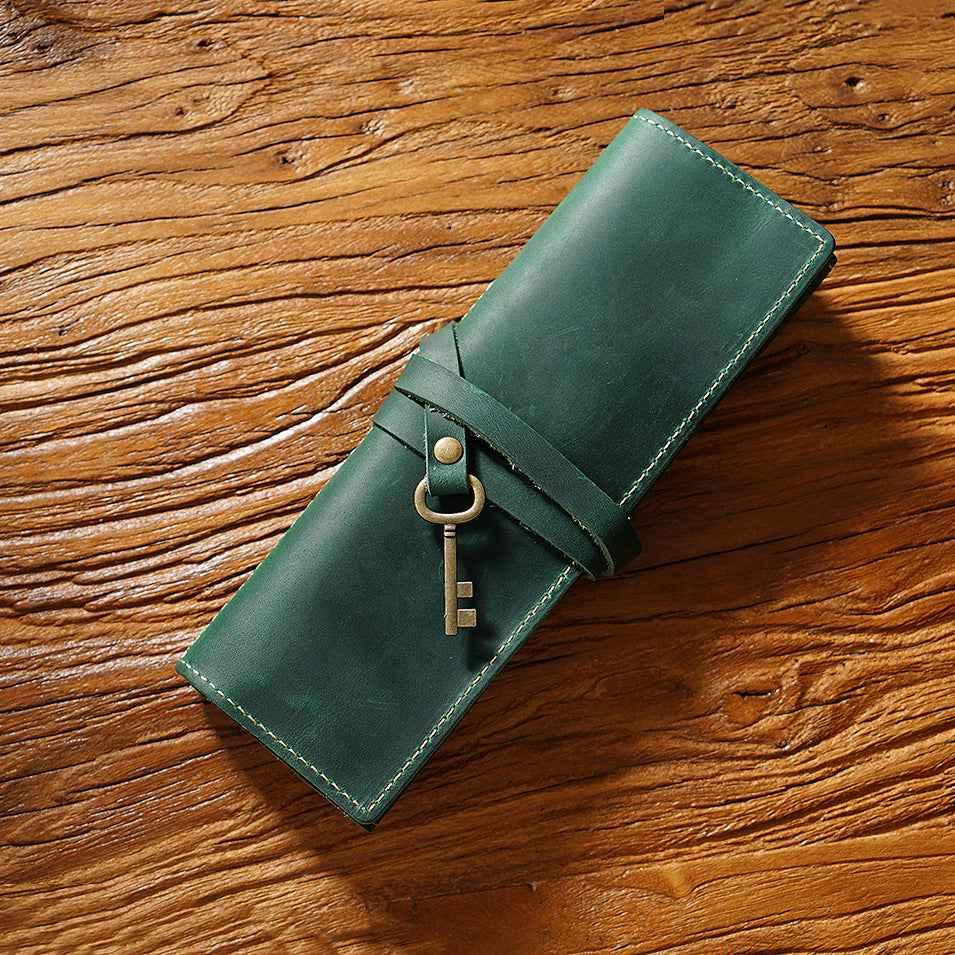 Roll-Up Leather Wrap Pen Pouch with 4 Slots Green