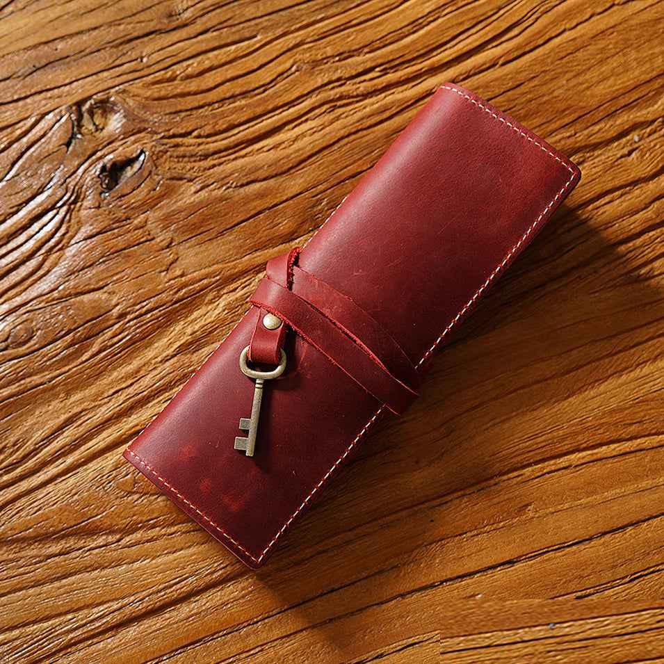 Roll-Up Leather Wrap Pen Pouch with 4 Slots Red