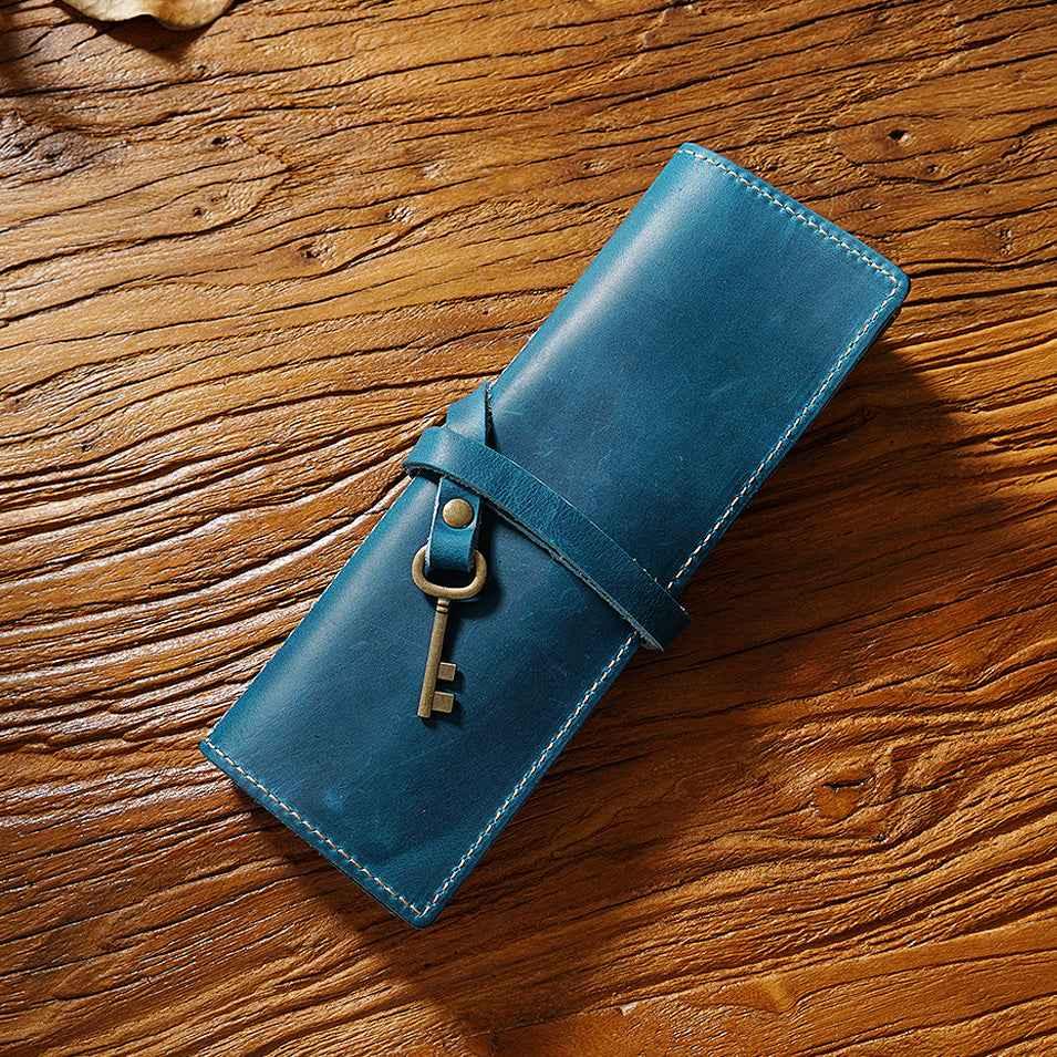 Roll-Up Leather Wrap Pen Pouch with 4 Slots Blue