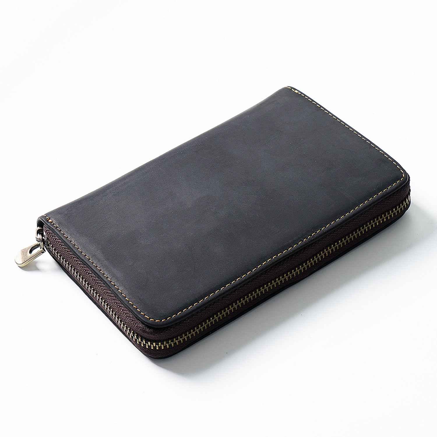 Leather Zippered Pen Organizer Case with 5 Slots and Net Holder Black