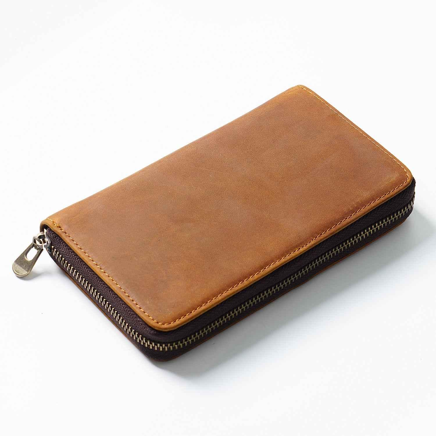 Leather Zippered Pen Organizer Case with 5 Slots and Net Holder Brown