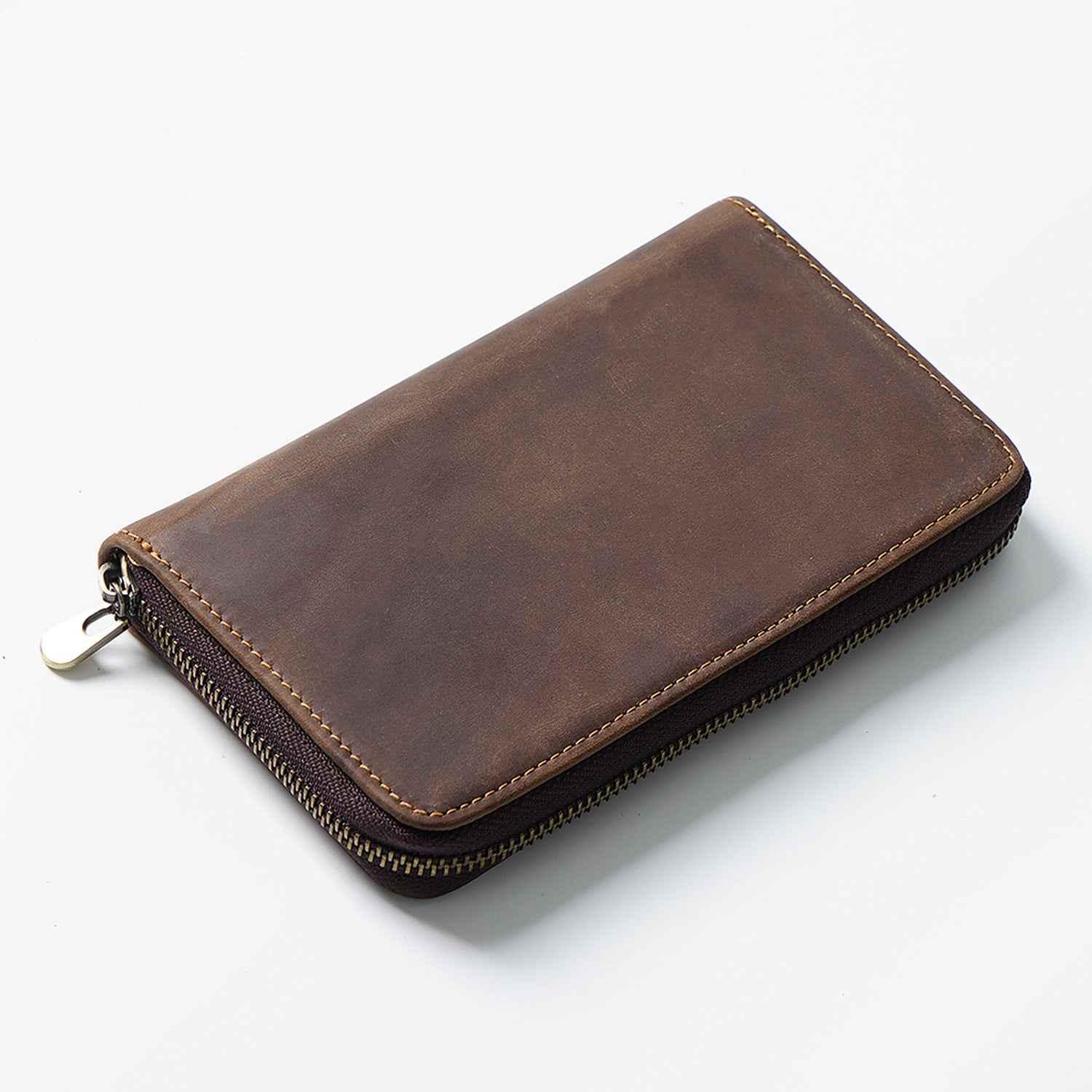 Leather Zippered Pen Organizer Case with 5 Slots and Net Holder Coffee