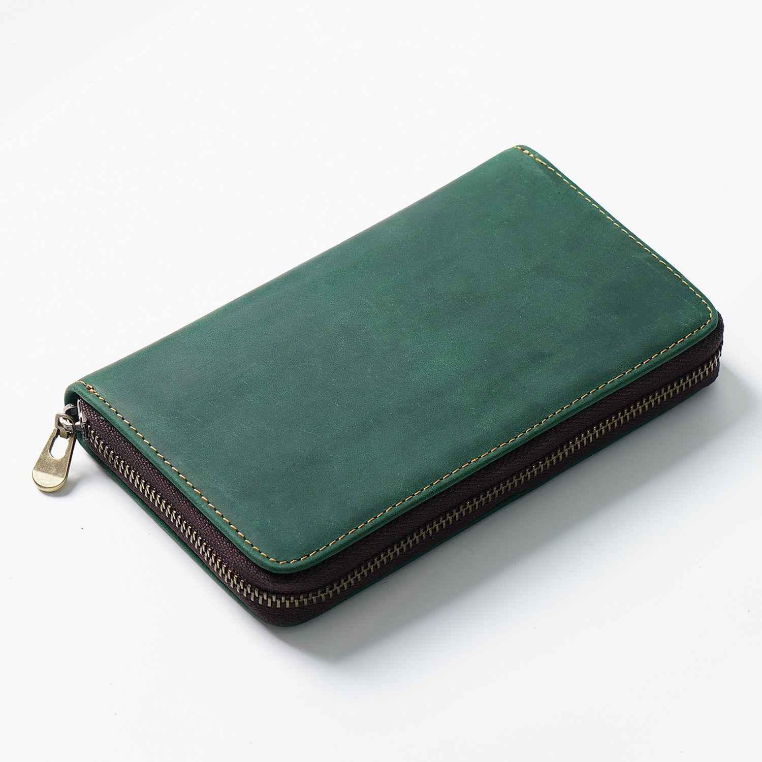 Leather Zippered Pen Organizer Case with 5 Slots and Net Holder Green