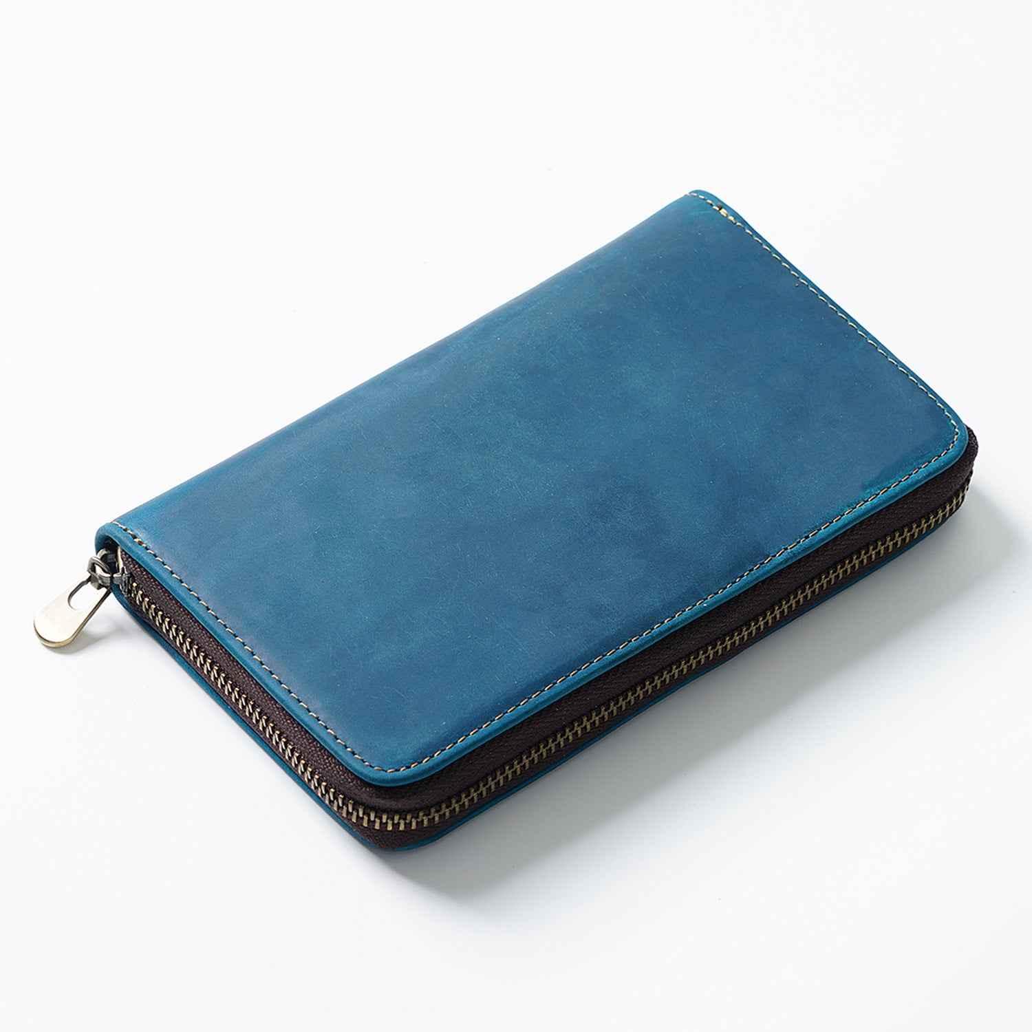 Leather Zippered Pen Organizer Case with 5 Slots and Net Holder Blue