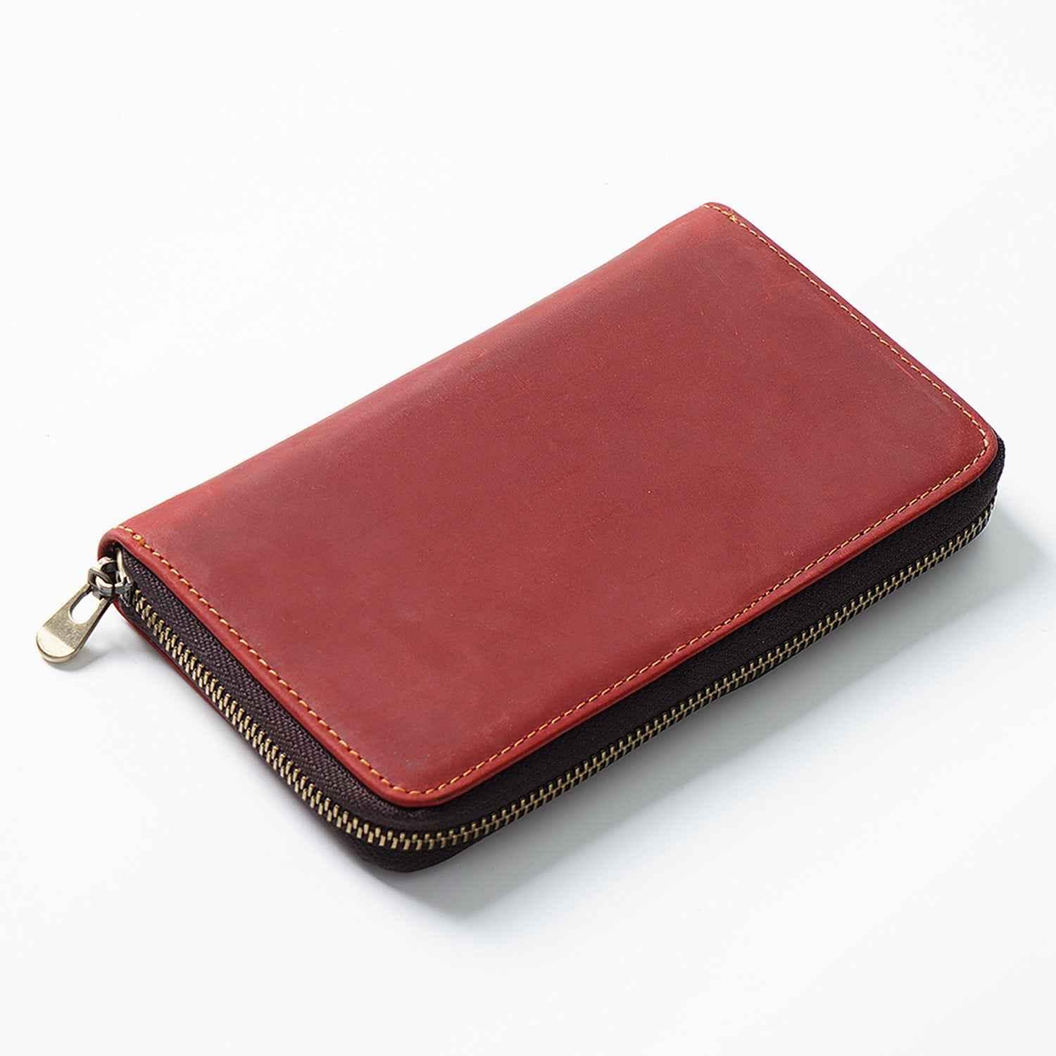 Leather Zippered Pen Organizer Case with 5 Slots and Net Holder Red