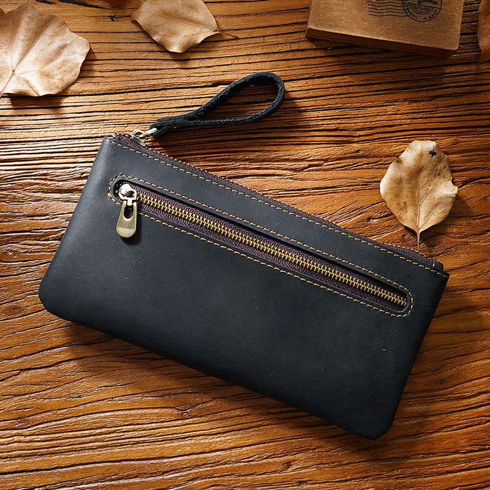 Vintage Zippered Leather Pen Bag Big Capacity Pencil Case Black