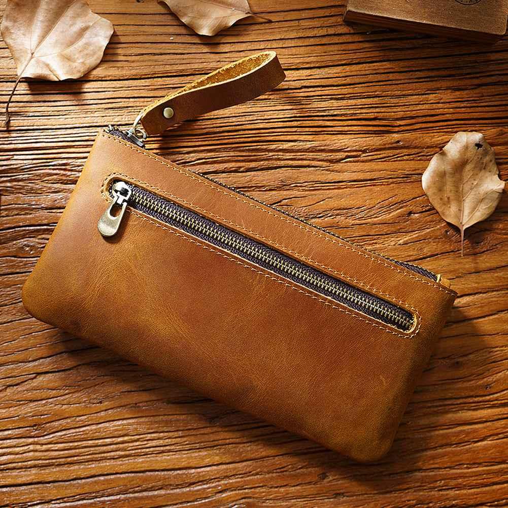 Vintage Zippered Leather Pen Bag Big Capacity Pencil Case Brown