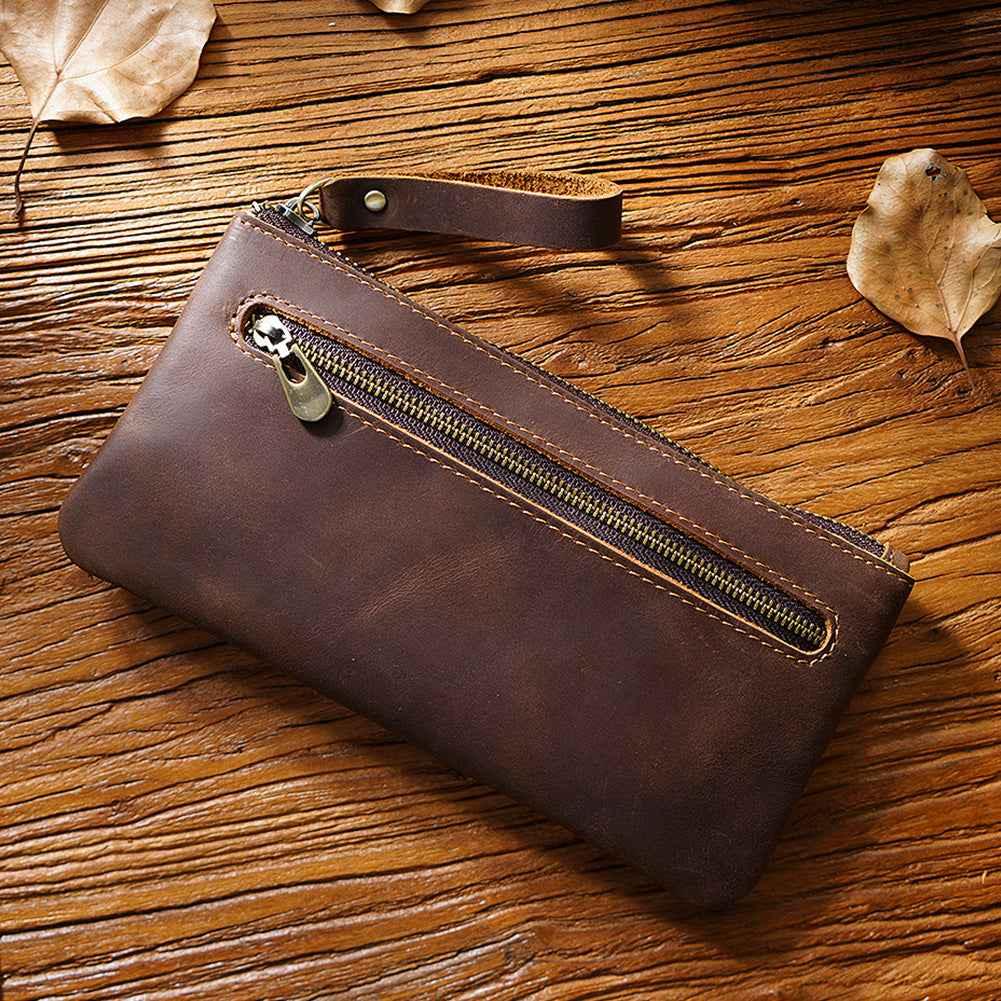 Vintage Zippered Leather Pen Bag Big Capacity Pencil Case Coffee