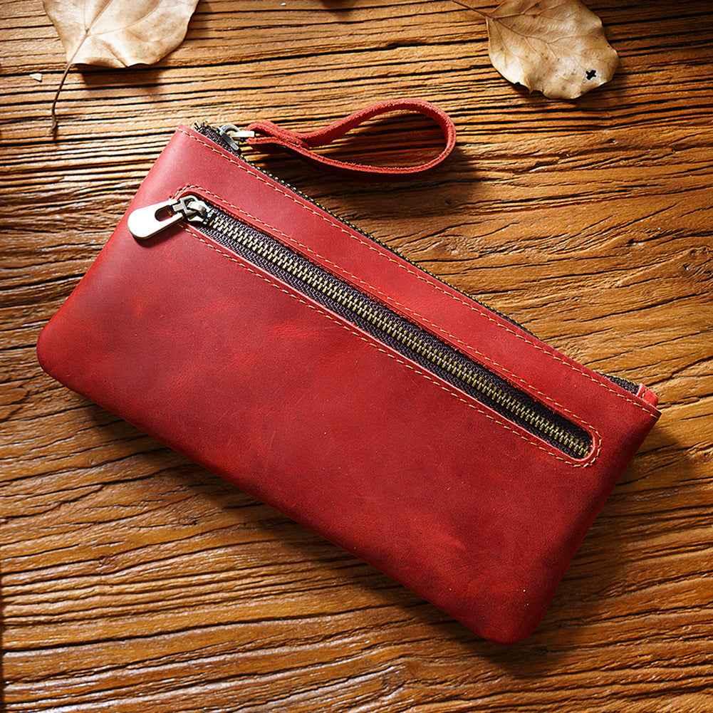 Vintage Zippered Leather Pen Bag Big Capacity Pencil Case Red