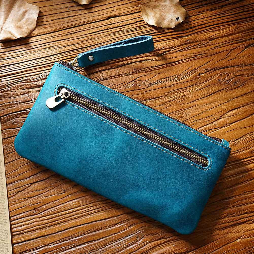Vintage Zippered Leather Pen Bag Big Capacity Pencil Case Blue