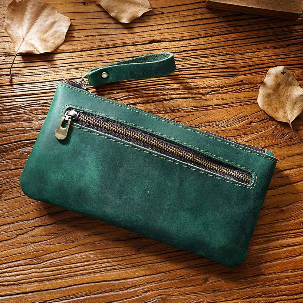 Vintage Zippered Leather Pen Bag Big Capacity Pencil Case Green
