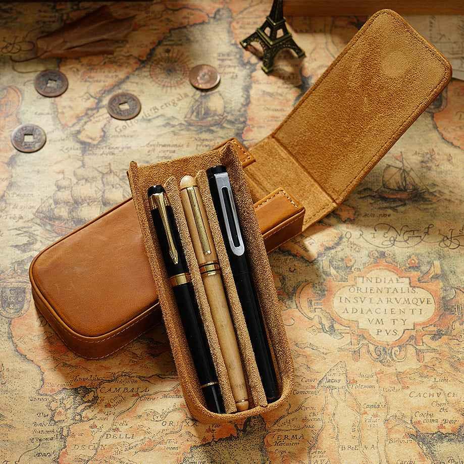 Vintage Leather Pen Case Storage with 3 Slots