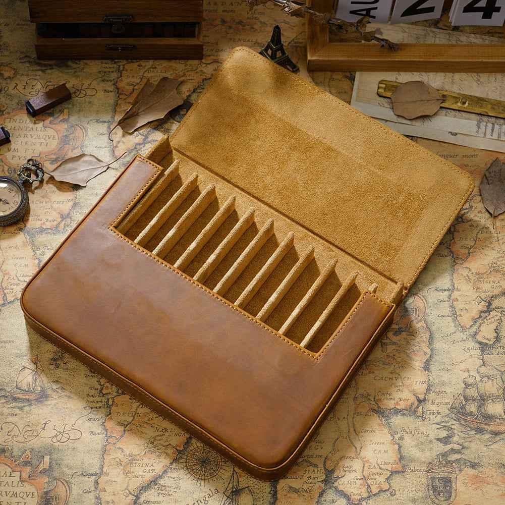 Leather Pen Case Storage with 12 Slots