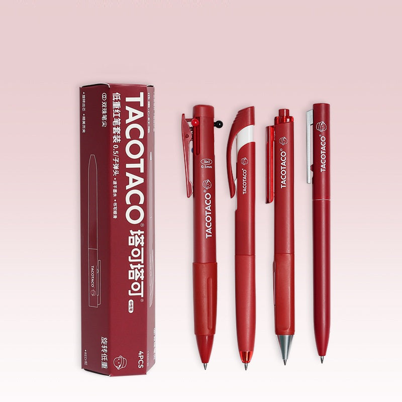TACOTACO Low Centre of Gravity Gel Pen Set – 4-Pen Collection | Quick-Dry Ink 0.5mm | 3-Colour Pen + Dual-Bead Click + Silent Click + Twist Advance | Student Exam Writing Set Red Body Red Ink
