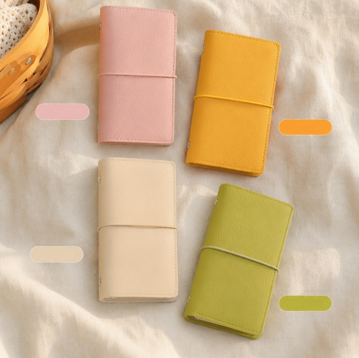 TACOTACO Soft-Cover Macaron Loose-Leaf Notebook – 60 Sheets | 6-Ring Binder with Elastic Closure | 84 × 150mm | Orange / Grass Green / Cloud White / Pink