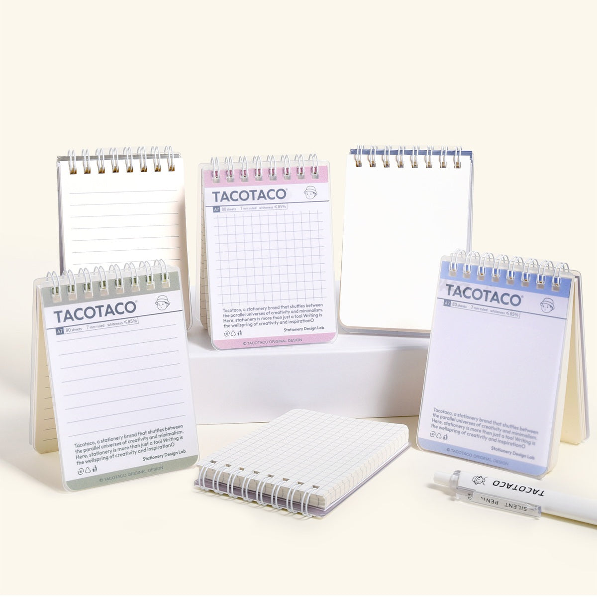 TACOTACO Pocket Spiral Notebook 6-Pack – A7 Mini Notepad | Waterproof Cover | Ruled ×2 + Grid ×2 + Blank ×2 | 74 × 105mm | Pocket Journal & Field Notes